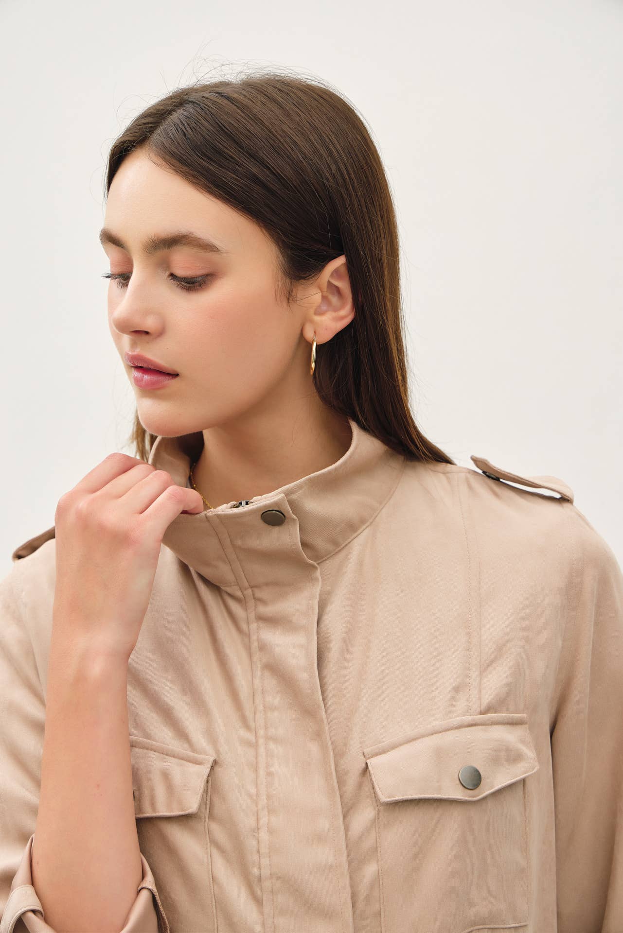CINCHED WAIST SAFARI CARGO UTILITY JACKET : Beige