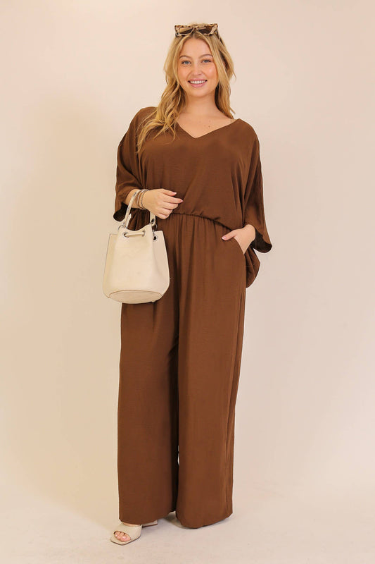 Plus Size Airflow Dolman Sleeve Wide-Leg Jumpsuit : Brown