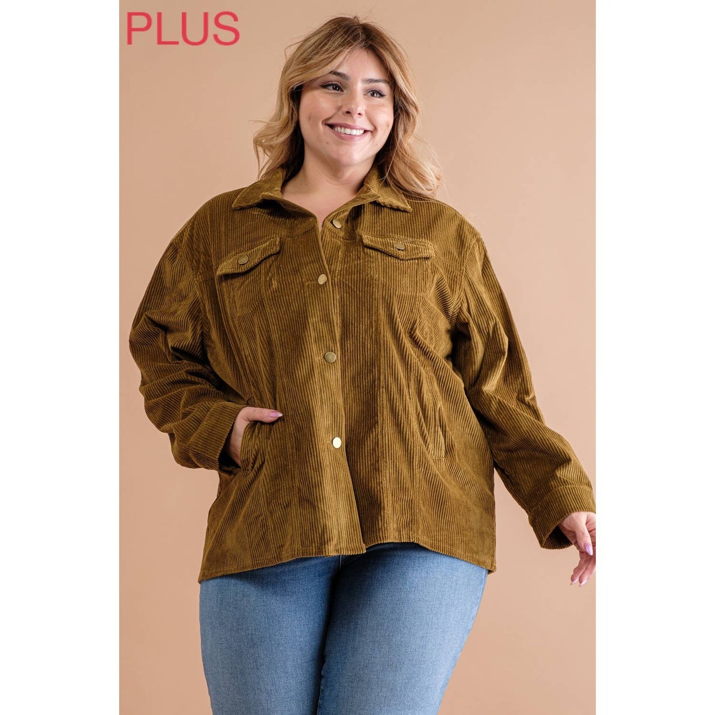 PLUS CORDUROY BUTTON DOWN SHIRT JACKET SHACKET: Butternut