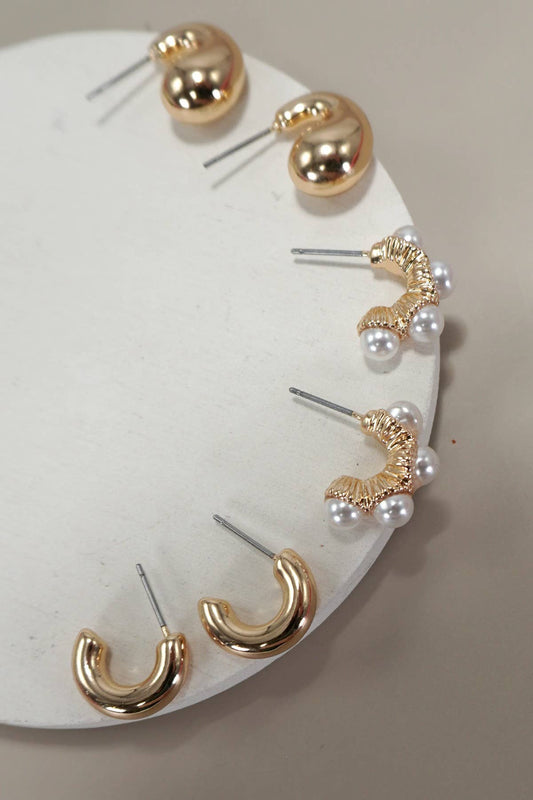TRIO HUGGIE PEARL GOLD HOOP EARRINGS | 80E5596: Gold