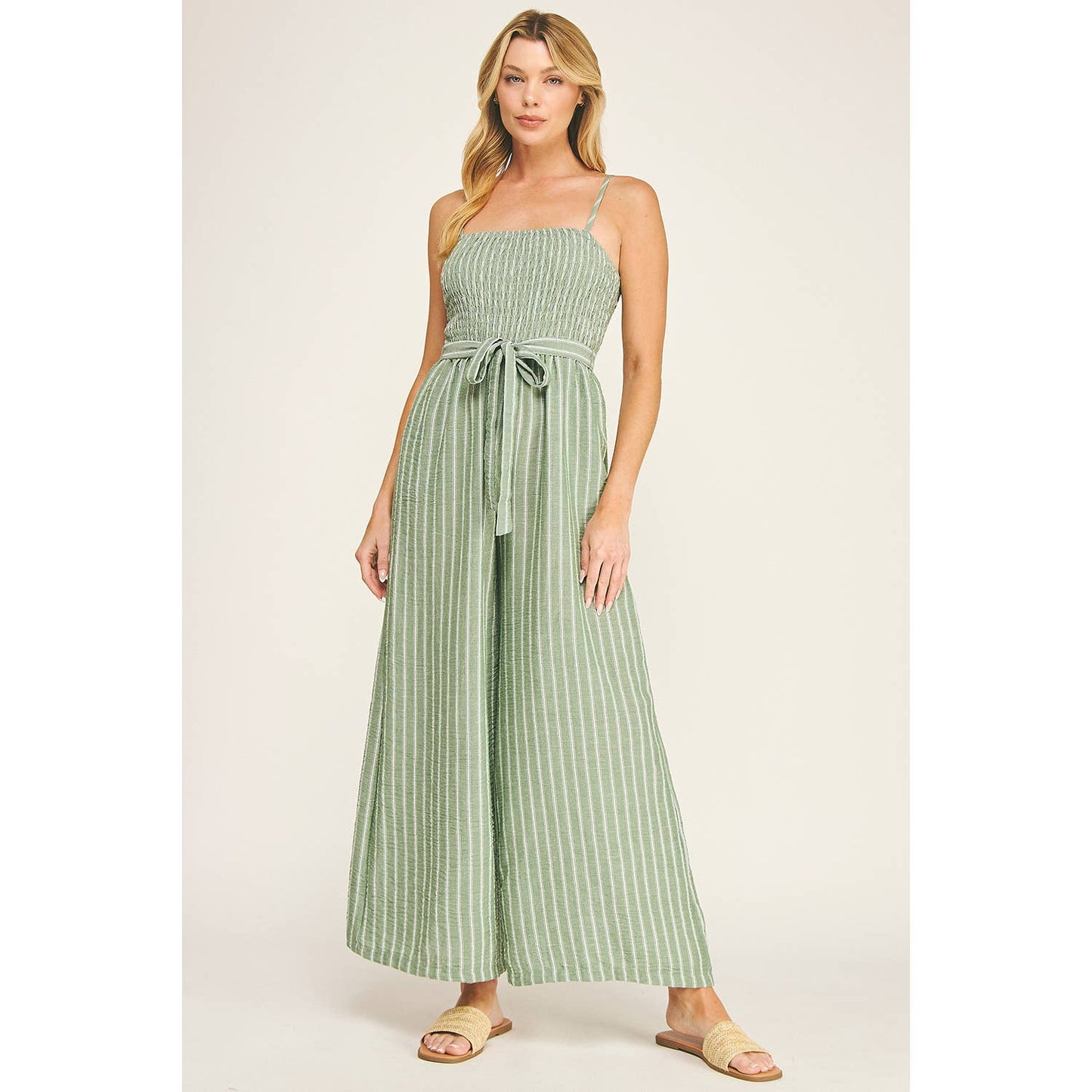 COASTAL STRIPE SMOCKED WIDE LEG JUMPSUIT: COMFREY/WHITE /