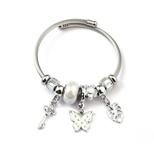 Charm Bracelet Stainless Steel Butterfly  Silver White