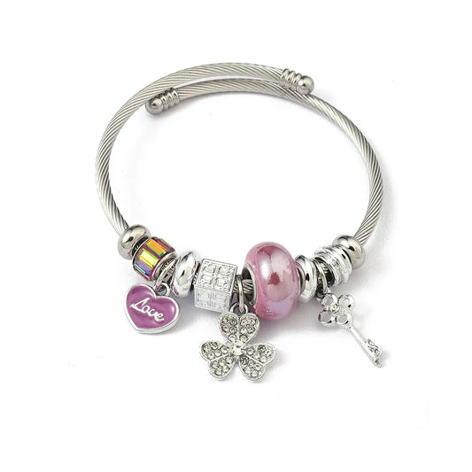 Charm Bracelet Stainless Steel Silver Love Mauve
