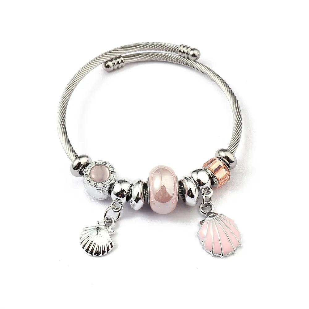 Charm Bracelet Stainless Steel Silver Pink Shell