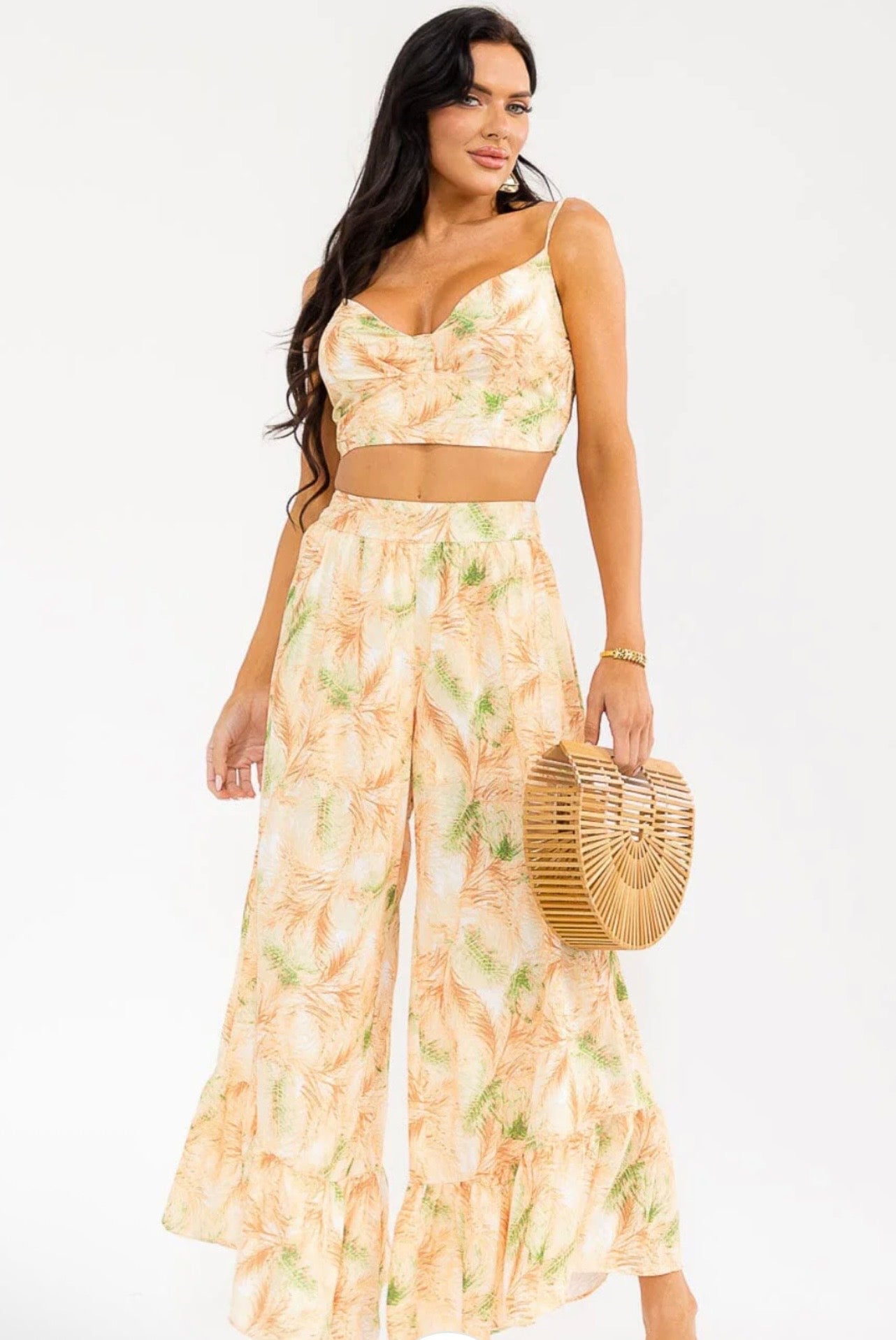 WOMEN'S SLEEVELESS SMOCK CROP TOP & ZIP UPWIDE LEG PANTS FLORAL 2PC. SE