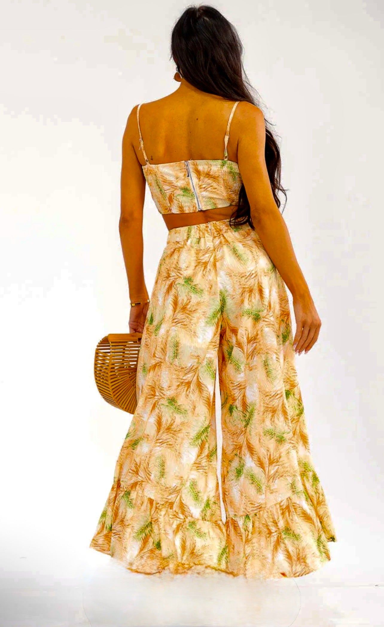 WOMEN'S SLEEVELESS SMOCK CROP TOP & ZIP UPWIDE LEG PANTS FLORAL 2PC. SE