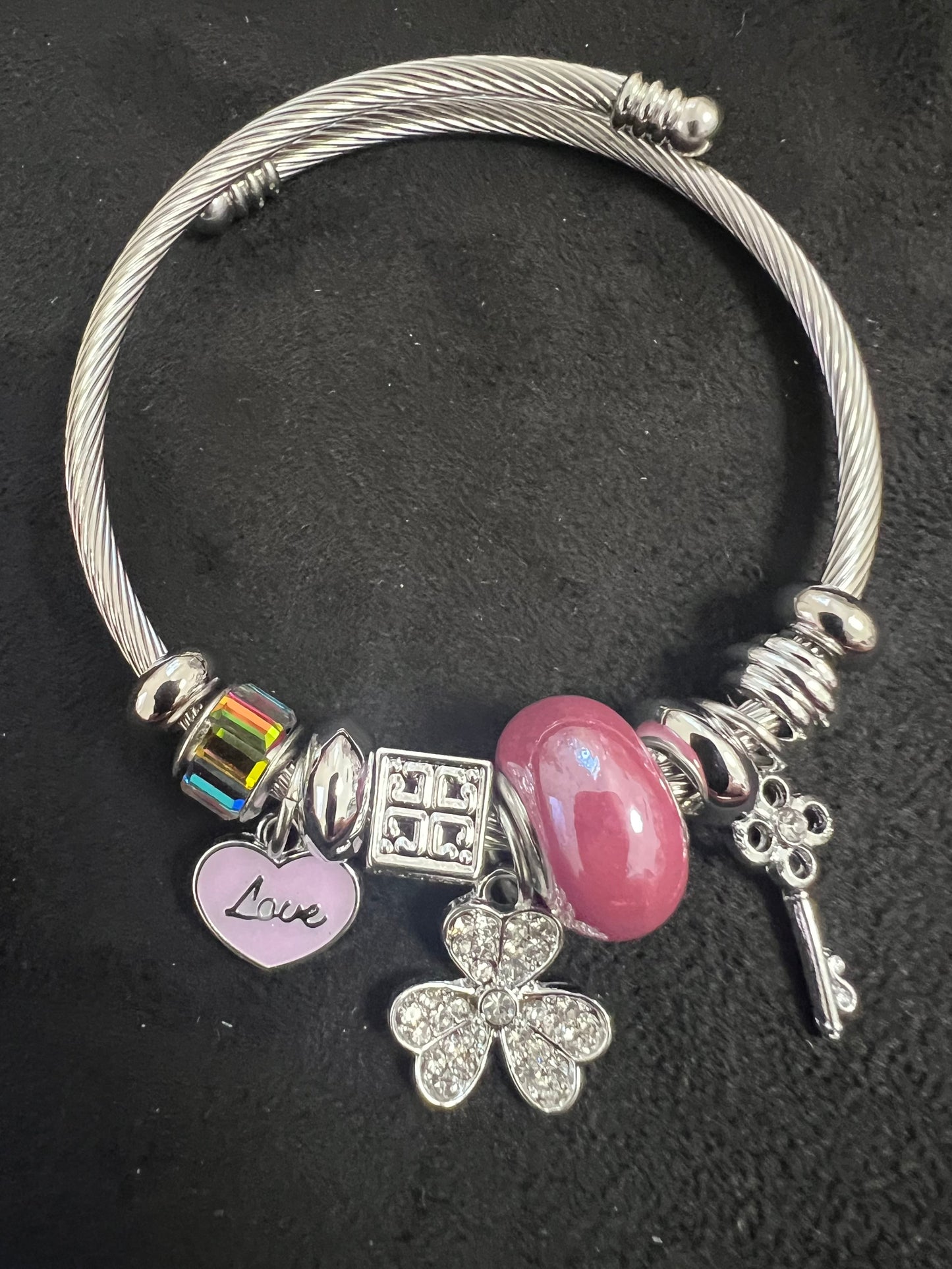 Charm Bracelet Stainless Steel Silver Love Mauve