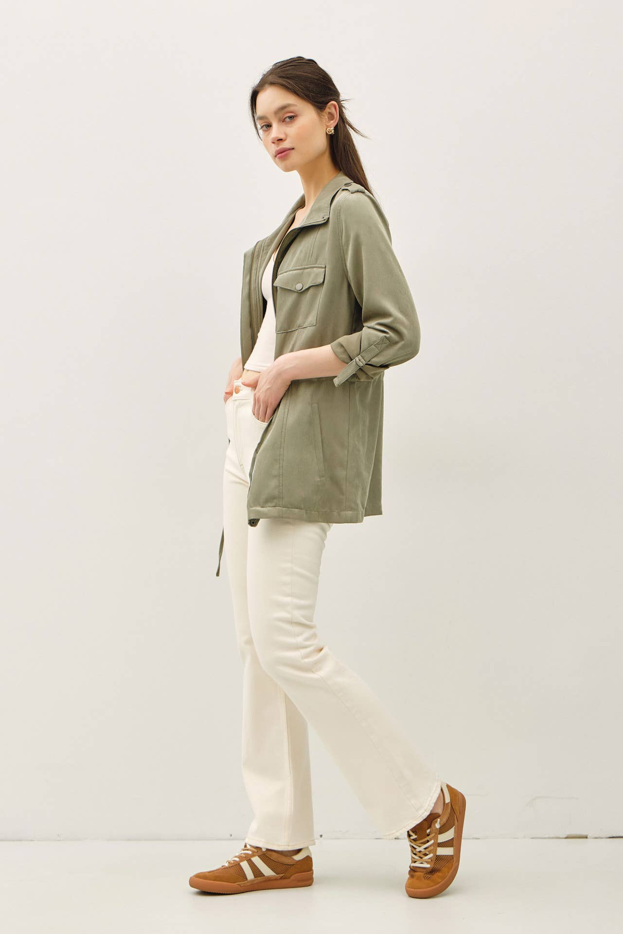 CINCHED WAIST SAFARI CARGO UTILITY JACKET : Beige