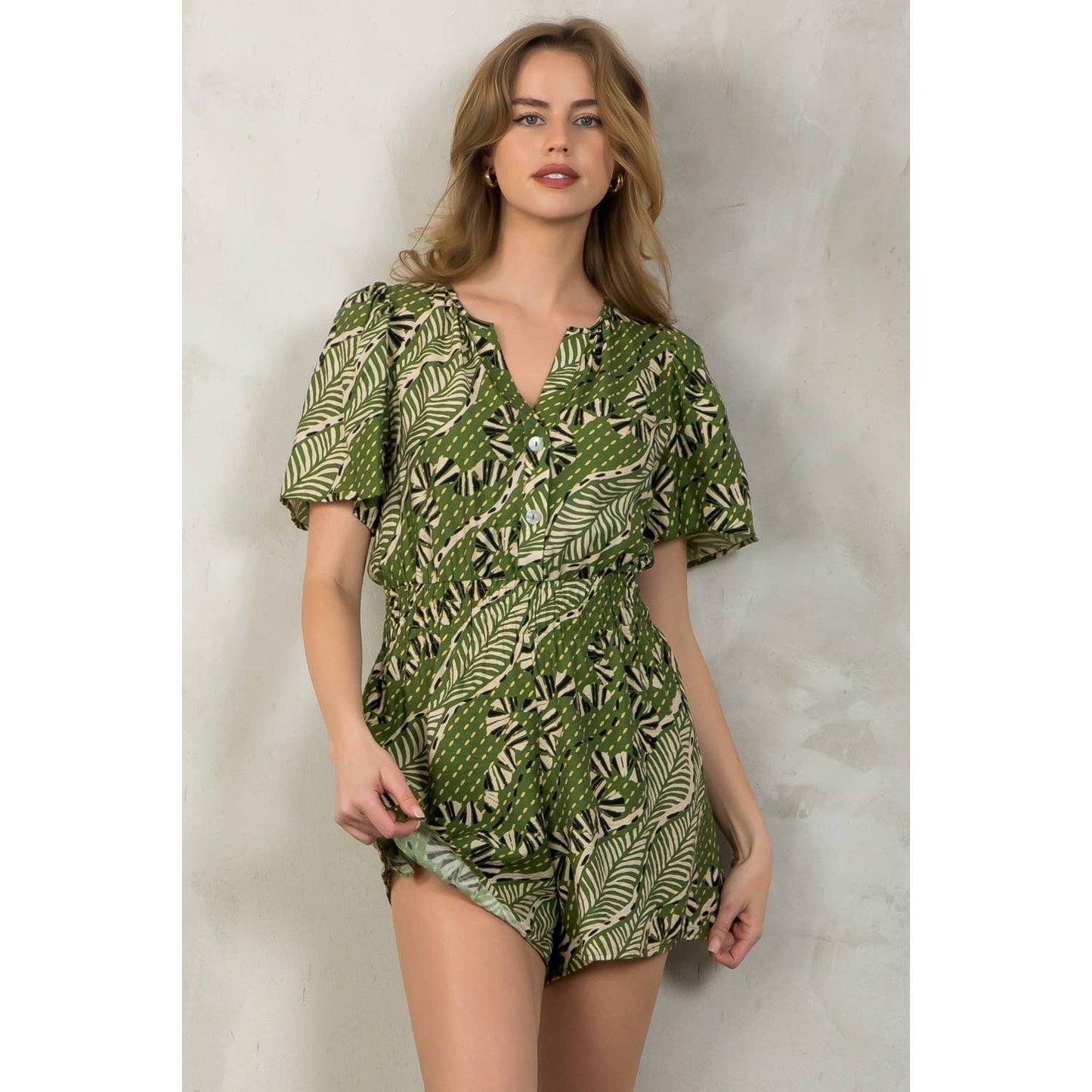 Smocked Waist Print Romper: GREEN