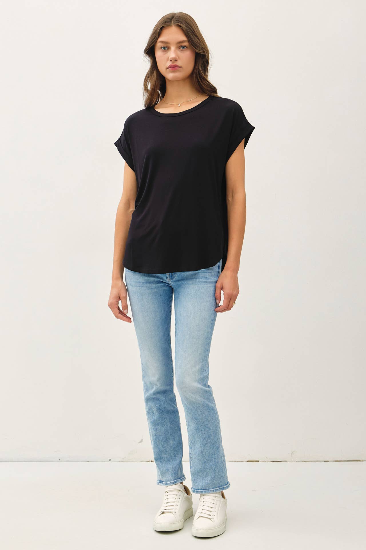 NEW COLOR-BAMBOO/MODAL ROUND NECK DOLMAN CAP SLEEVE T-SHIRT : Black