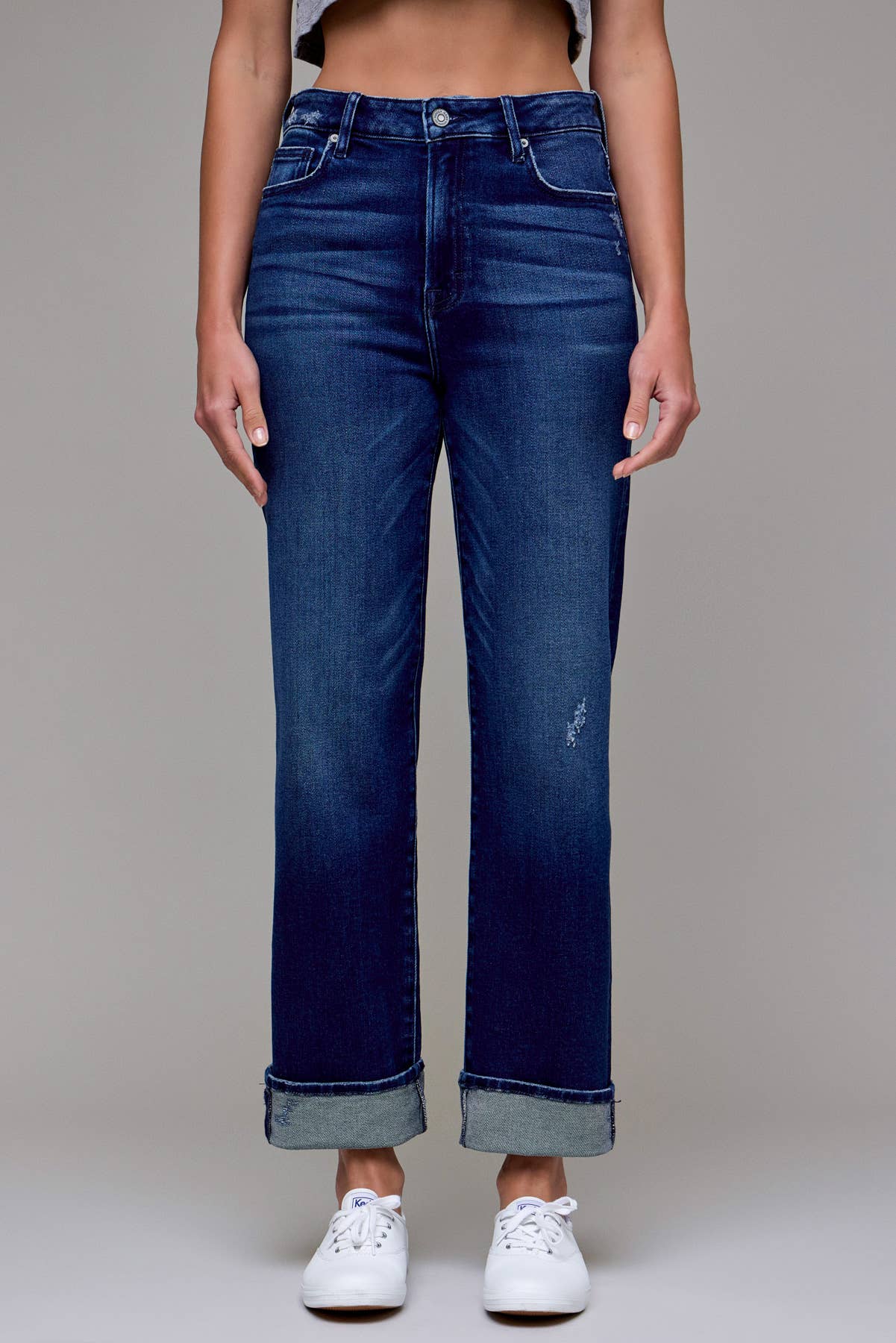 Dark Wash Cuffed Stretch 31" Inseam Straight Jeans: