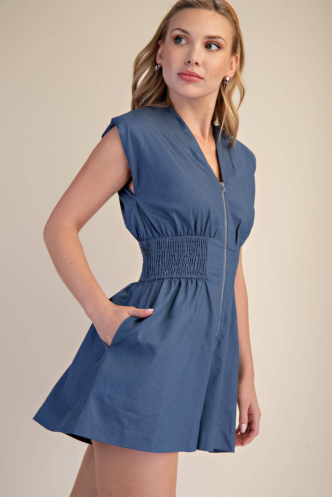 V-Neck Shoulder Padded Waist Smocked Front Zip Romper: Indigo