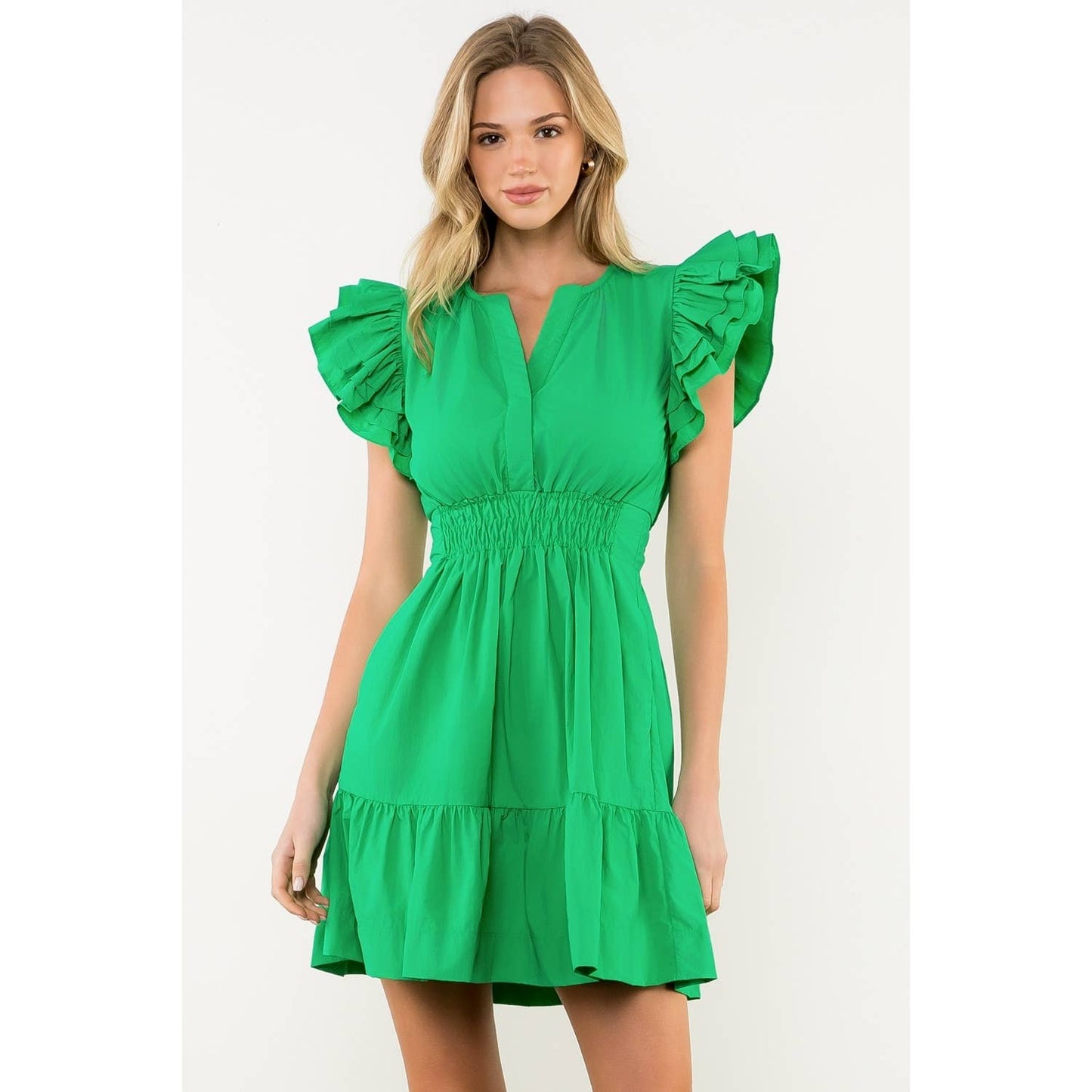 Smocked Waist Flutter Dress: GREEN