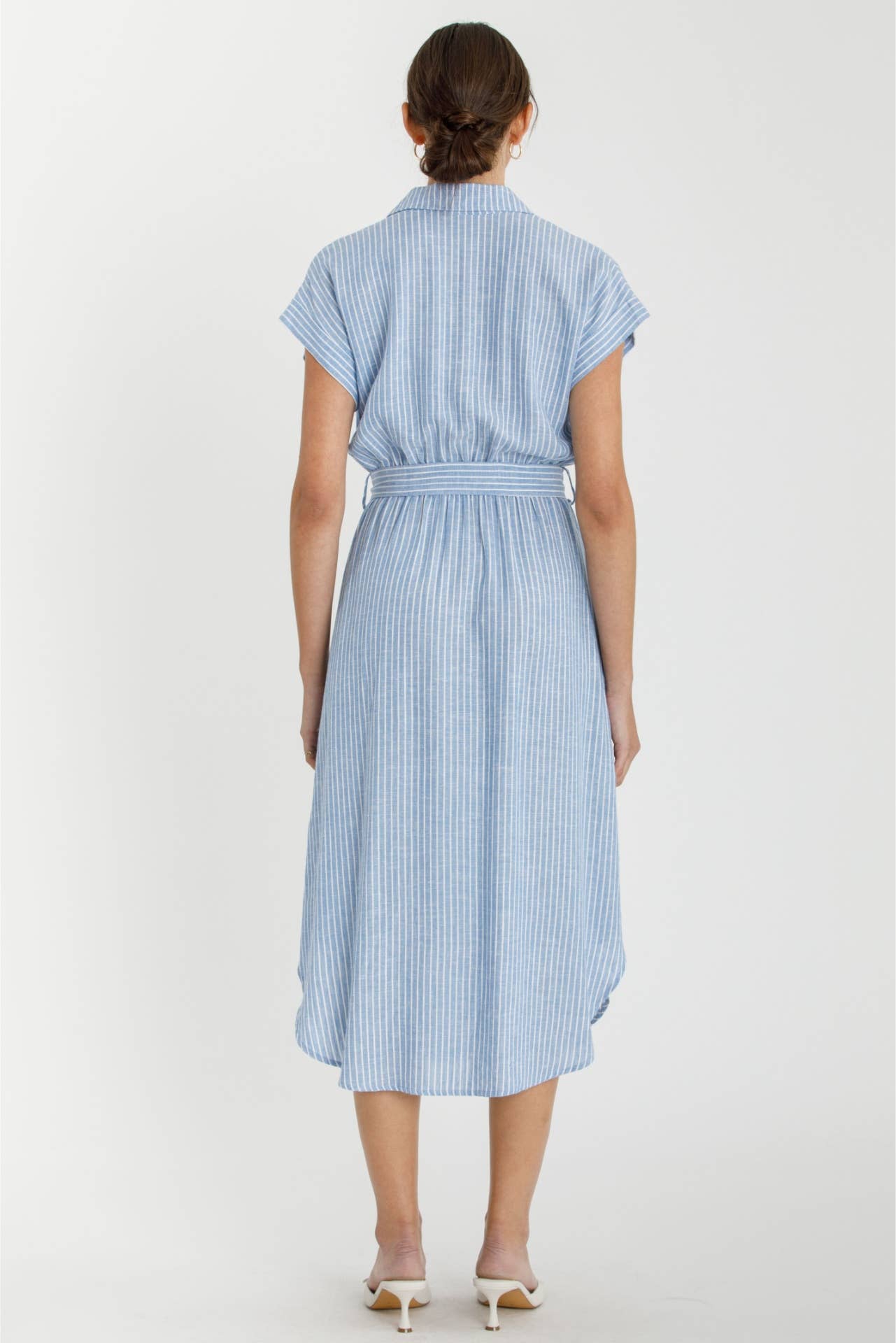 STRIPED UTILITY STYLE SHIRT DRESS W WAIST TIE : Blue