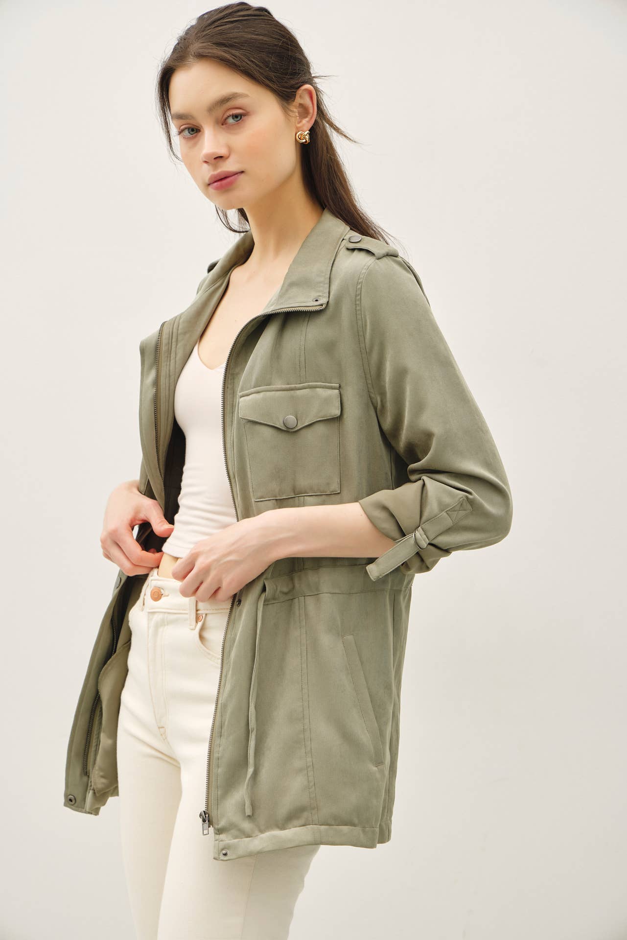 CINCHED WAIST SAFARI CARGO UTILITY JACKET : Beige
