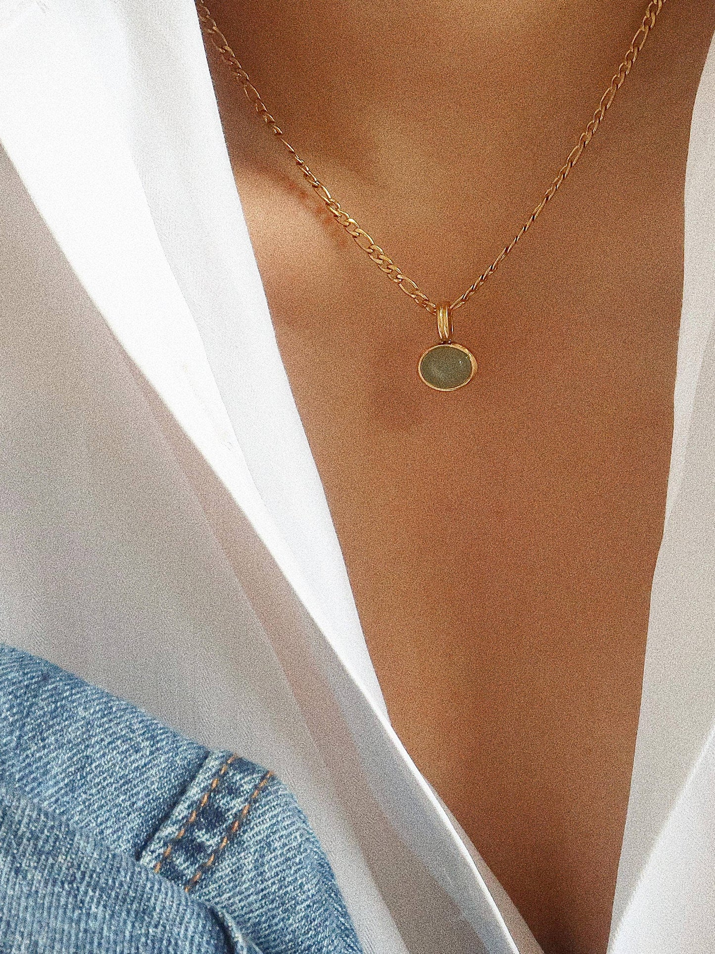 Non-Tarnish Green Stone Pendant Chain Necklace: Green
