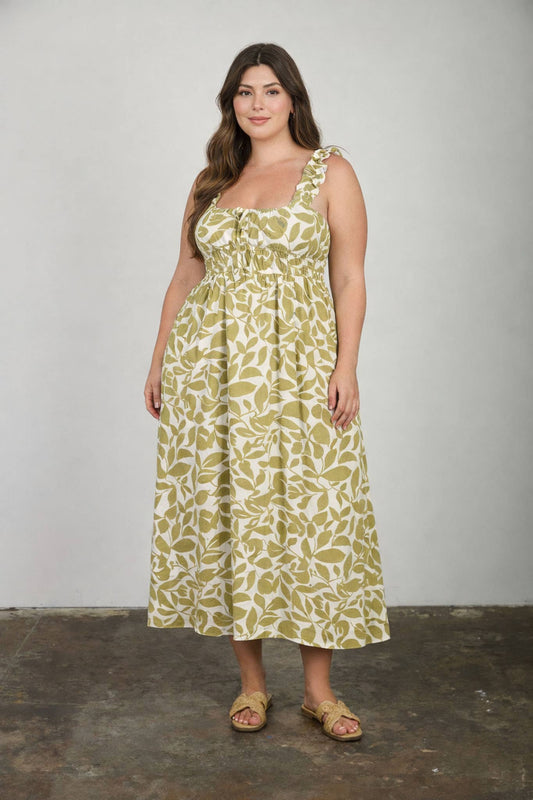PLUS LEAF PRINT RUFFLE STRAP SHIRRED WAIST MIDI DRESS: OLIVE MULTI