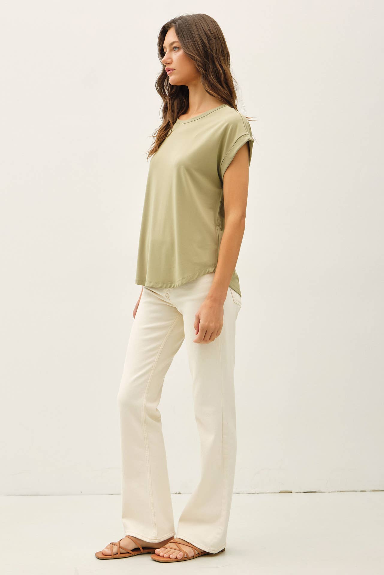 NEW COLOR-BAMBOO/MODAL ROUND NECK DOLMAN CAP SLEEVE T-SHIRT : SAGE