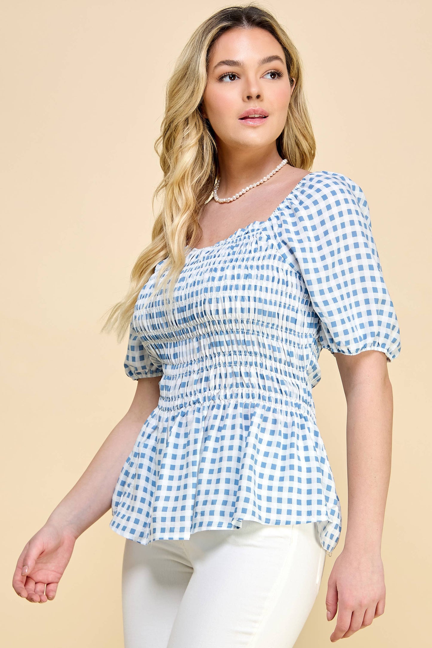 PLUS SIZE PUFF SLEEVE SMOCK BABY DOLL TOP: IVO/DEN