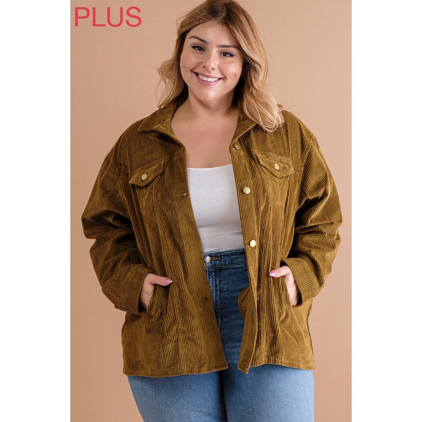 PLUS CORDUROY BUTTON DOWN SHIRT JACKET SHACKET: Butternut