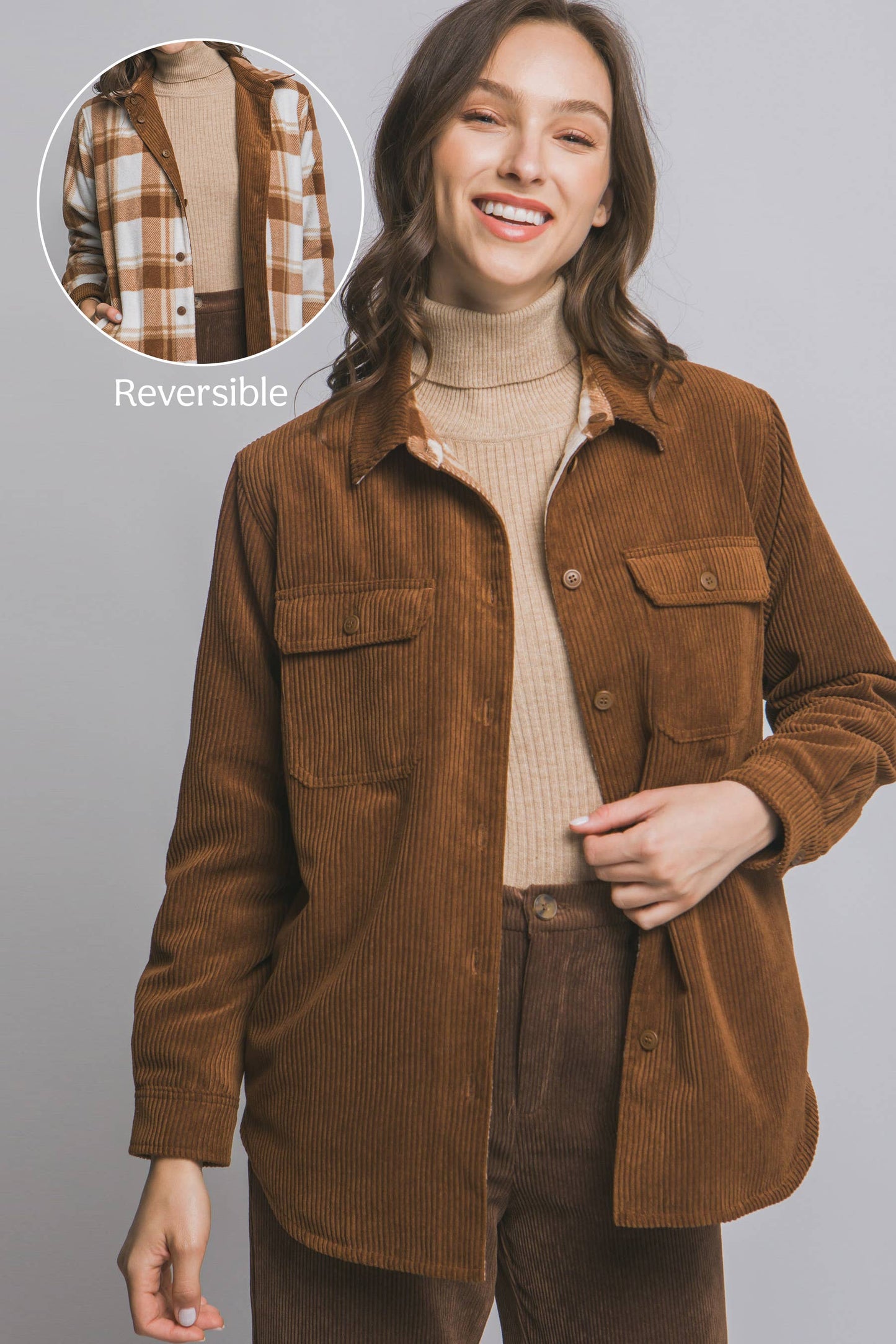 Corduroy Reversible Button Down Jacket: BROWN