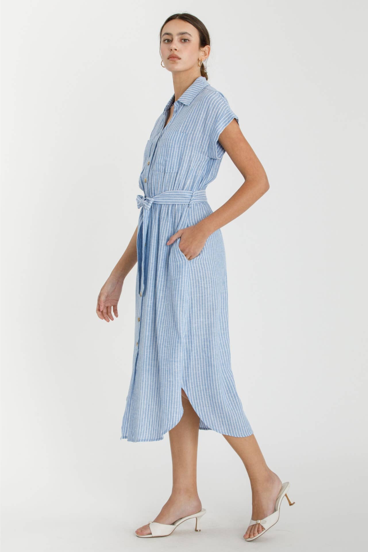 STRIPED UTILITY STYLE SHIRT DRESS W WAIST TIE : Blue