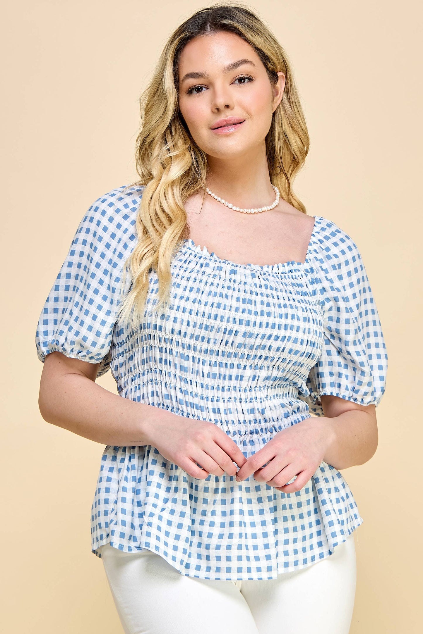 PLUS SIZE PUFF SLEEVE SMOCK BABY DOLL TOP: IVO/DEN