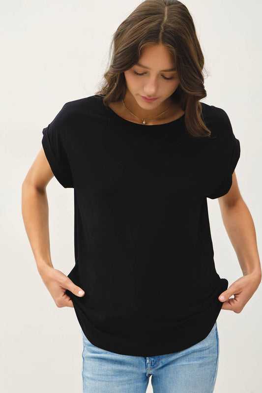 NEW COLOR-BAMBOO/MODAL ROUND NECK DOLMAN CAP SLEEVE T-SHIRT : Black