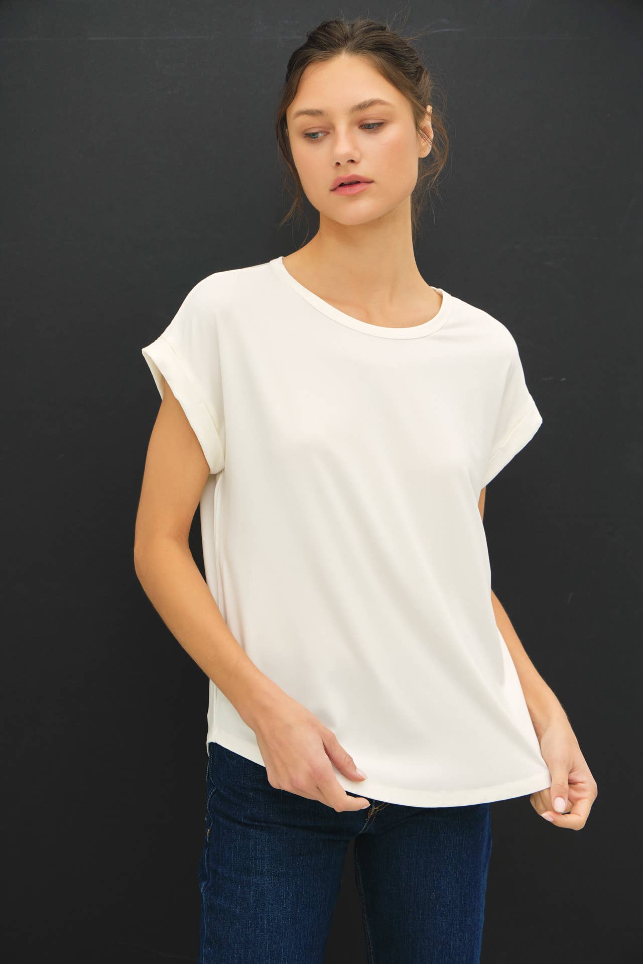 NEW COLOR-BAMBOO/MODAL ROUND NECK DOLMAN CAP SLEEVE T-SHIRT : OFF WHITE
