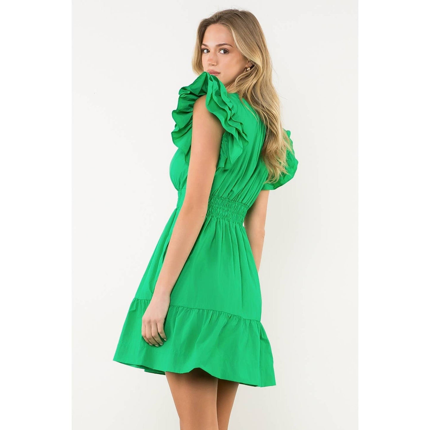 Smocked Waist Flutter Dress: GREEN