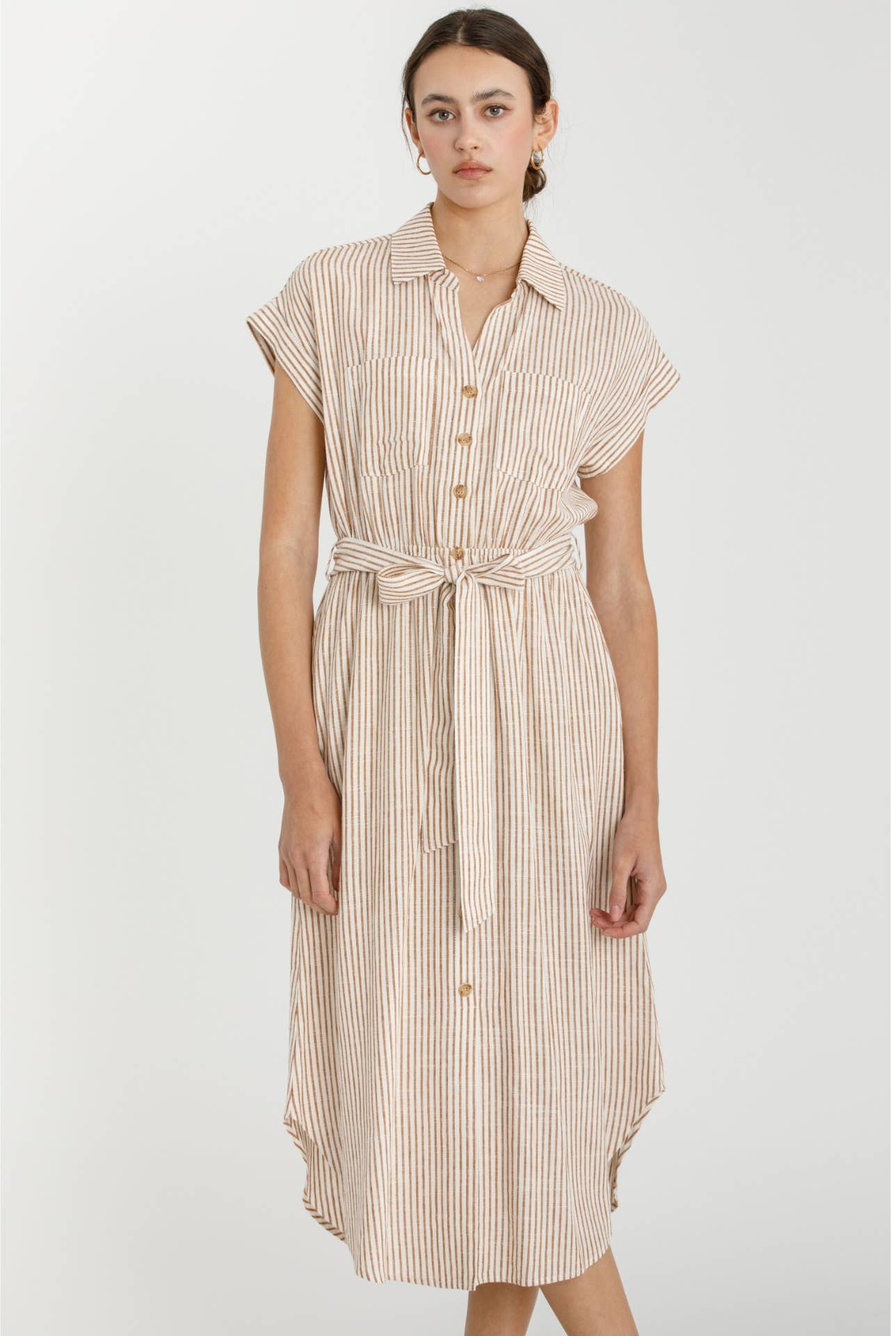 STRIPED UTILITY STYLE SHIRT DRESS W WAIST TIE : Blue