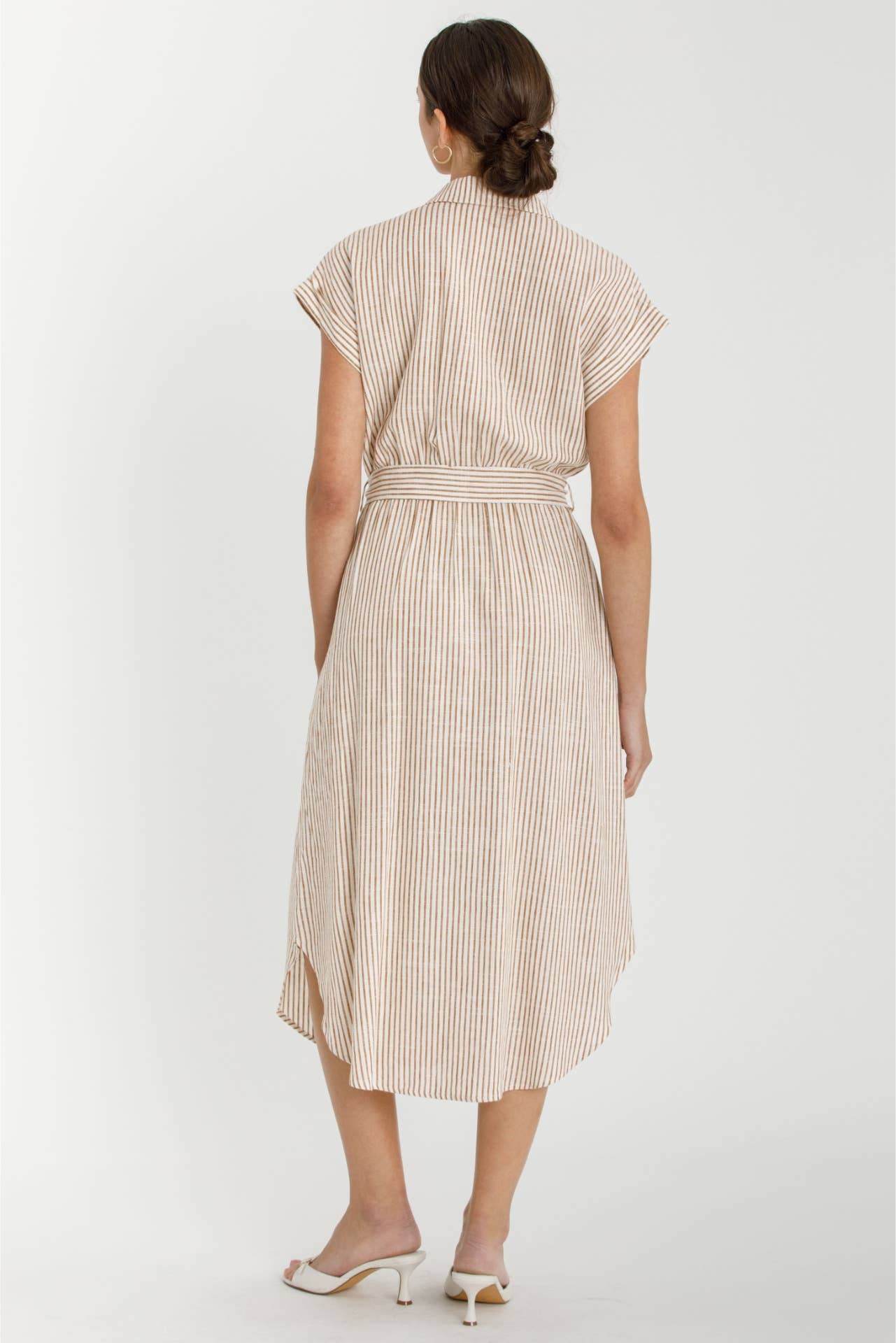 STRIPED UTILITY STYLE SHIRT DRESS W WAIST TIE : Blue