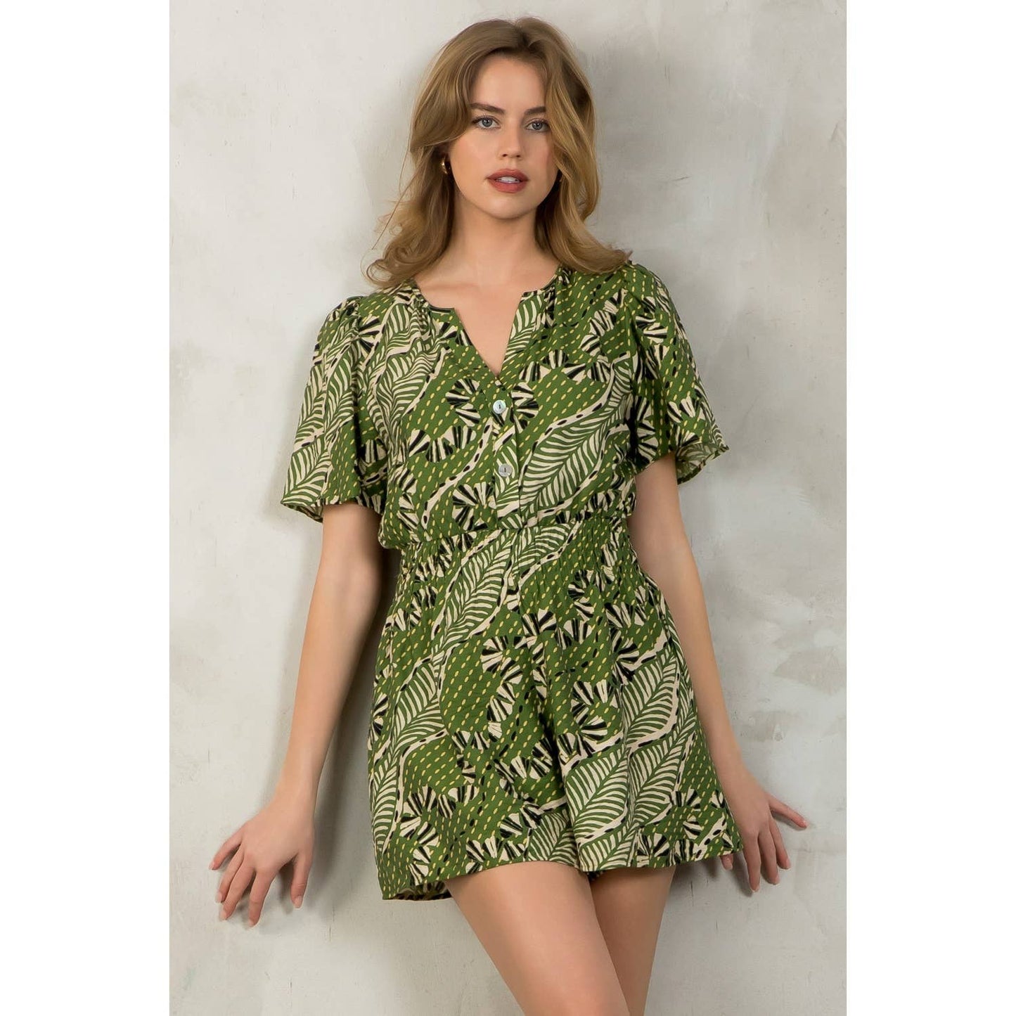 Smocked Waist Print Romper: GREEN