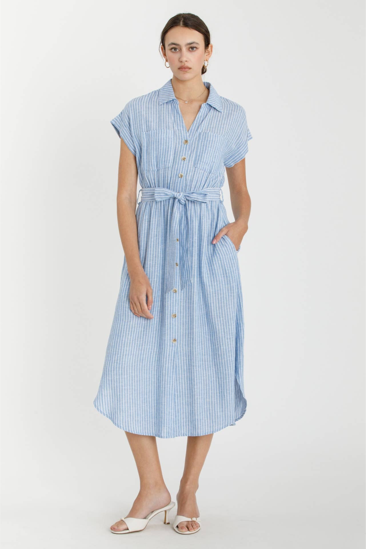STRIPED UTILITY STYLE SHIRT DRESS W WAIST TIE : Blue