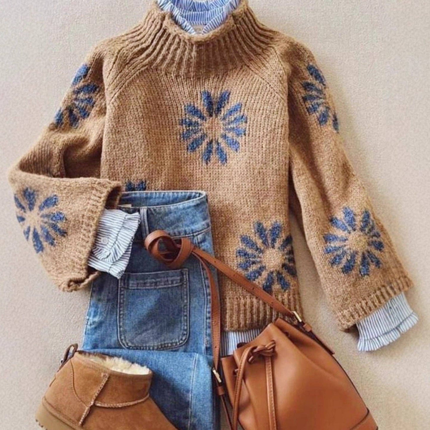 Khaki Floral Knit Sweater Women Ribbed Pattern