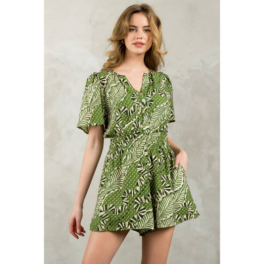Smocked Waist Print Romper: GREEN